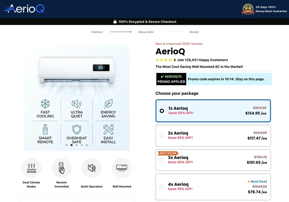 Official AerioQ secure checkout page showing package options and 30 day guarantee
