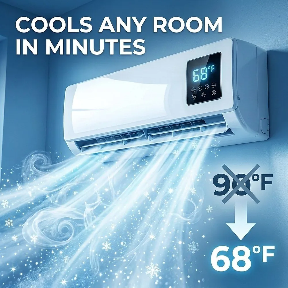 AerioQ unit blowing cooling airflow in a room, display set to 68 degrees Fahrenheit