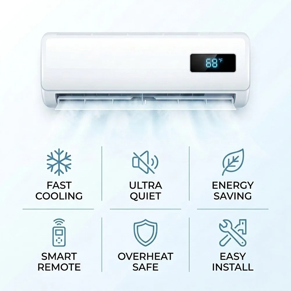 AerioQ feature overview: fast cooling, ultra quiet, energy saving, smart remote, overheat safe, easy install