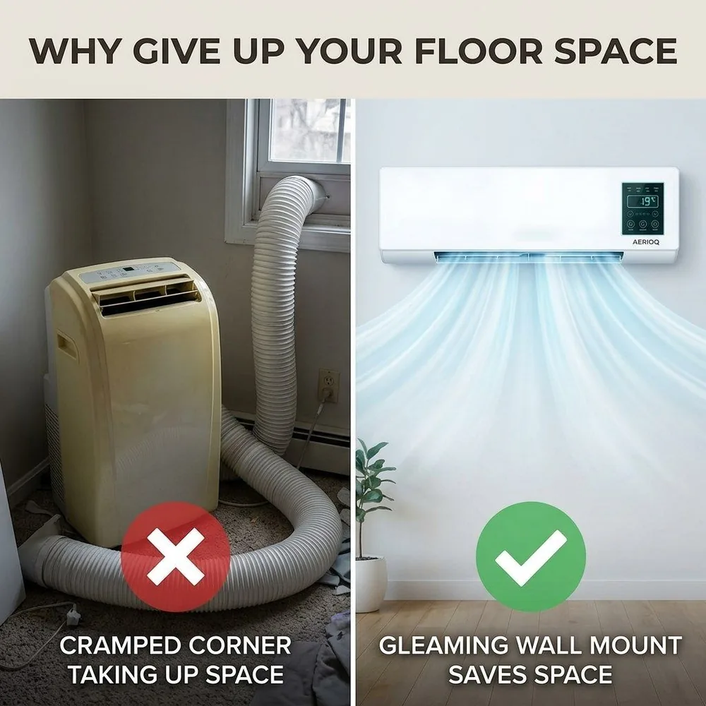 Comparison of a bulky portable AC taking floor space versus the wall mounted AerioQ saving space