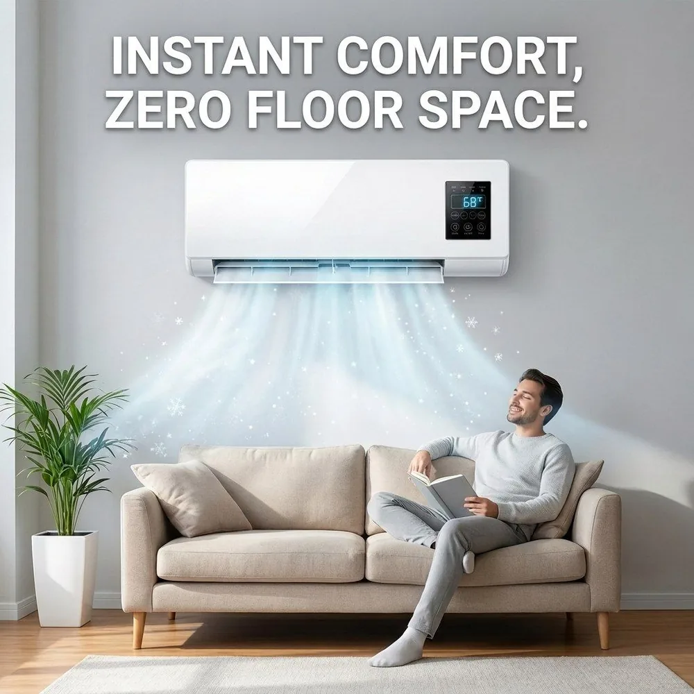 AerioQ wall mounted above a sofa providing instant comfort with zero floor space used